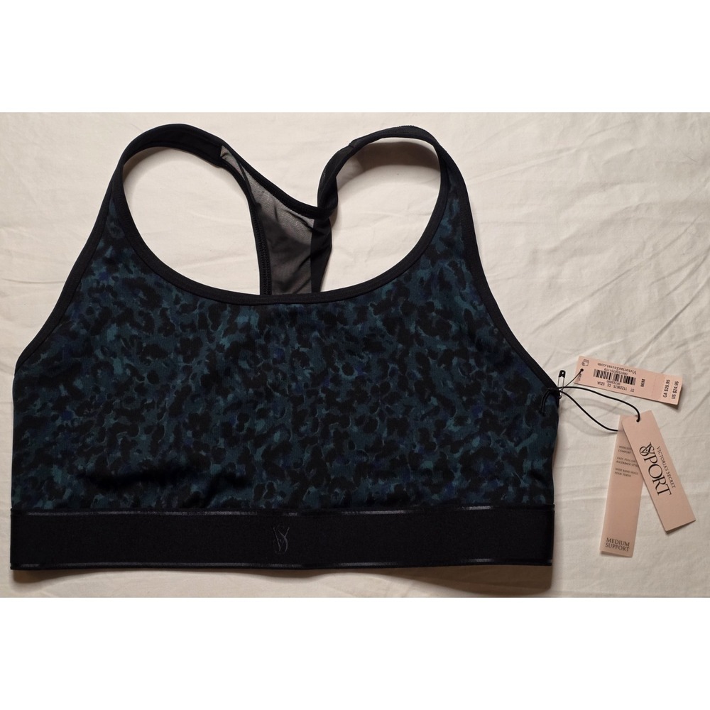 Victoria's Secret Sport Bra Black Teal Leopard Print Medium Support NWT M